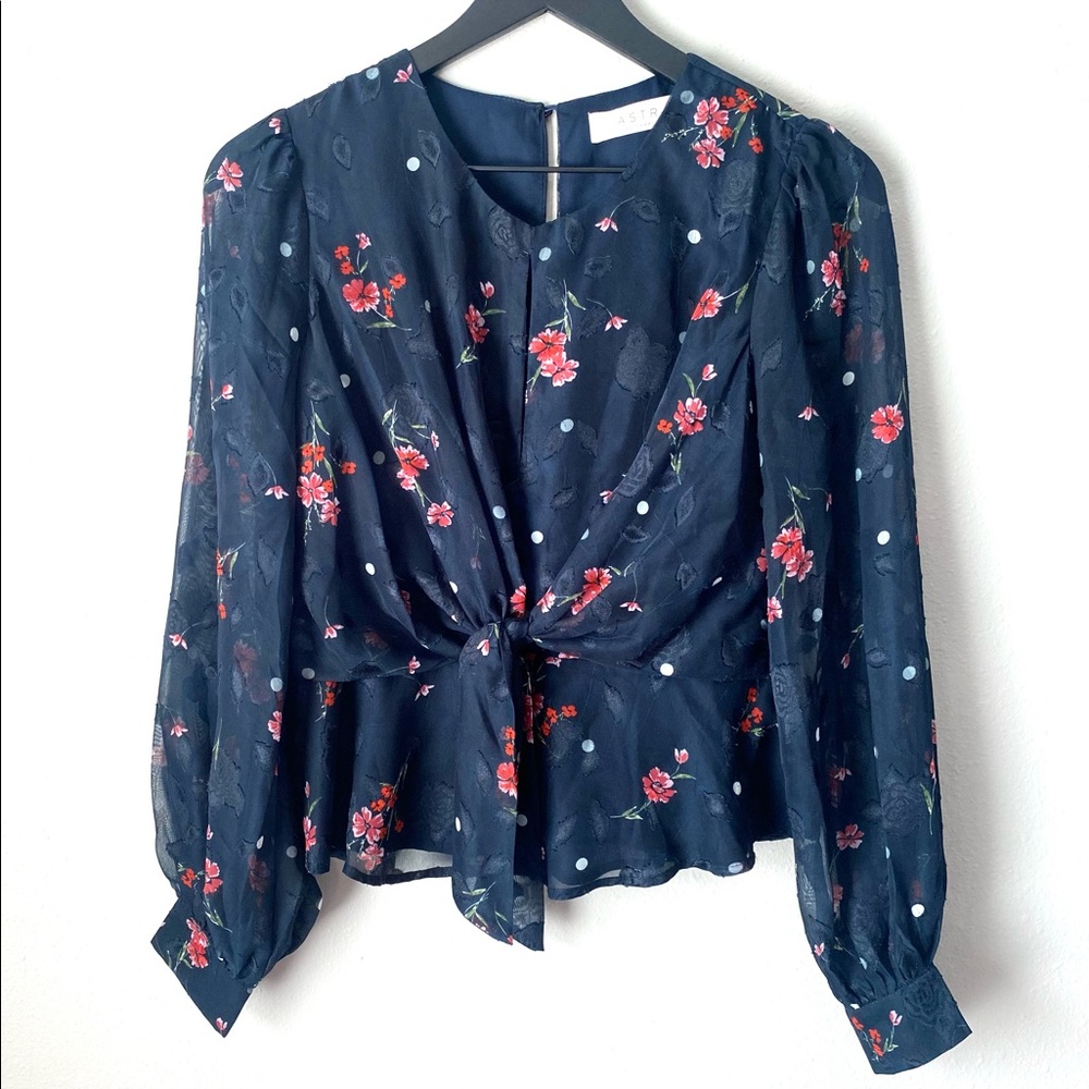 ASTR Navy Blue Pink Floral Tie Front Sheer Long Sleeve Peplum Blouse Women Small
